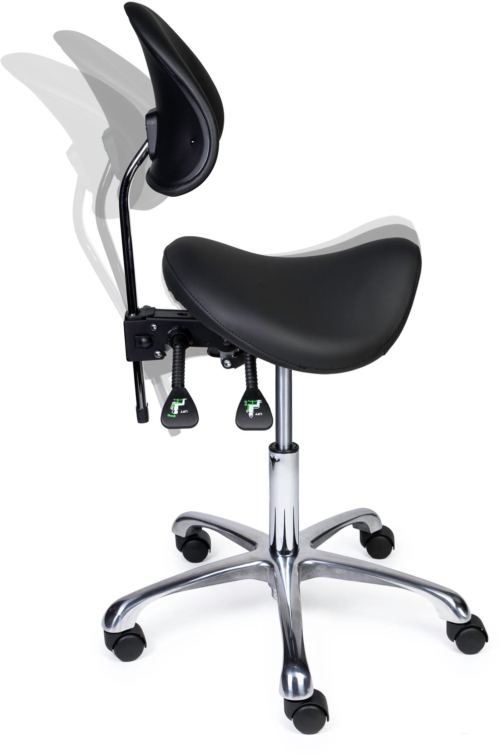 Ergonomische Zadelkruk met Rugleuning Premium Zwart op Wielen Standaard uitvoering (50-68cm) / Zonder voetensteun / Standaard wielen