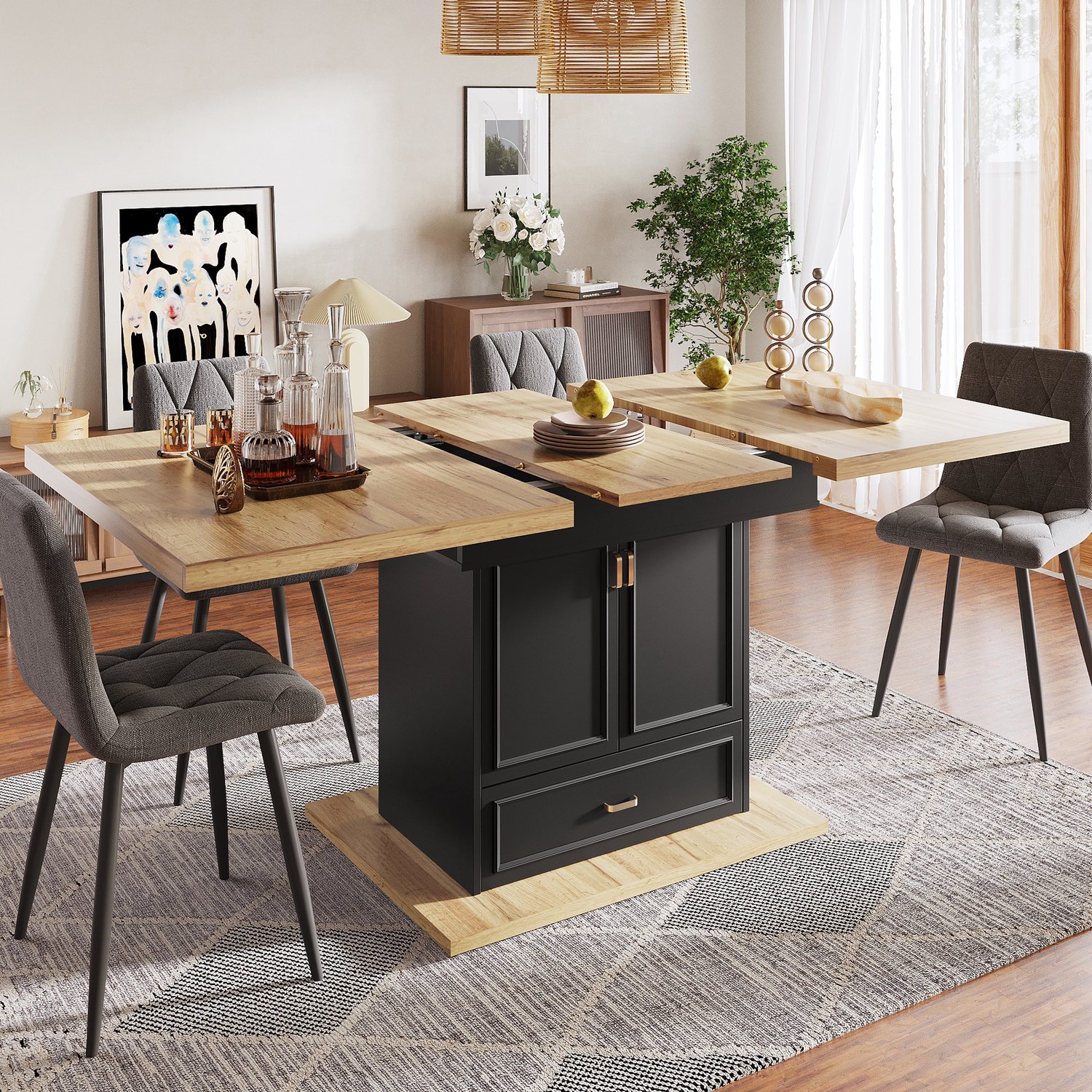 Clruro Eettafel - 110-140 x 80 x 75 cm - Uitschuifbaar - Kast en Lade - MDF/Metaal - Houtlook Natuurlijk Hout