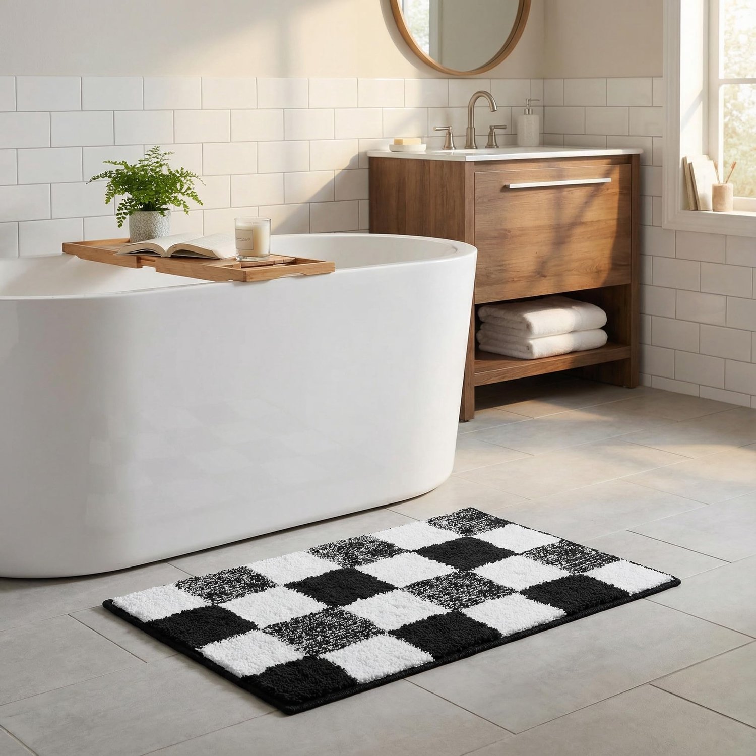 Badmat - Antislip en absorberend - Voor badkamer en douche - Zwart geruit - 40x60 cm