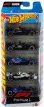 Hot Wheels 2025 Formula 1 set met 5 speelgoedauto's in blauw, zwart en wit.