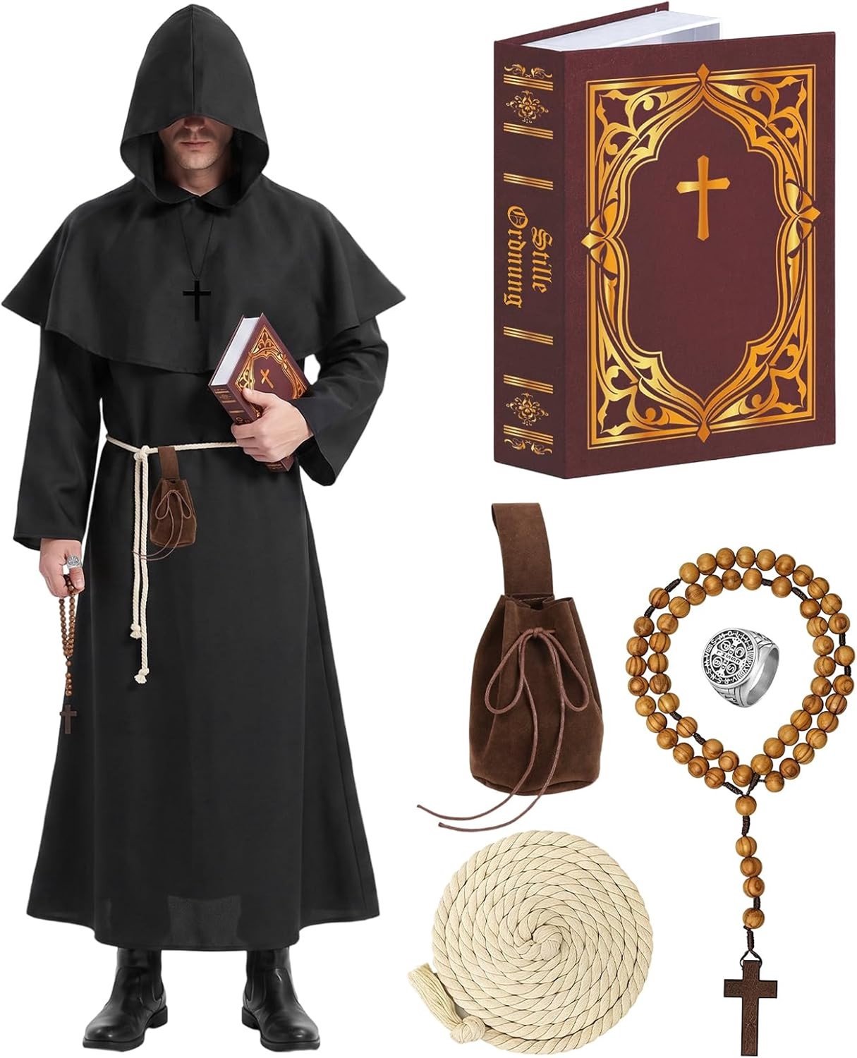 Klassiek Middeleeuws Monnik Kostuum voor Mannen, Perfect voor Carnaval en Halloween Feesten met Notities en Kruzifixen