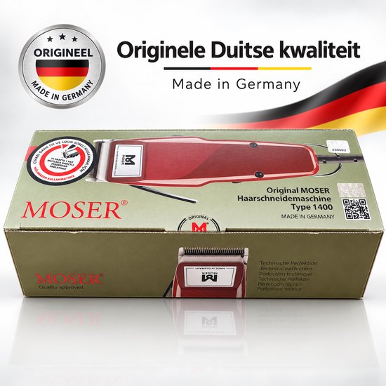 Doos van de Moser 1400 Bordeaux rood tondeuse met "Originele Duitse kwaliteit" en "Made in Germany" logo's.