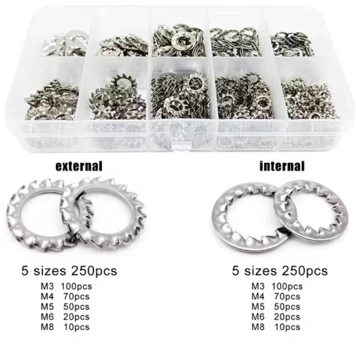 Kronwald® Getande borgringen Assortiment kit 500 stuks - M3 M4 M5 M6 M8 - 304 roestvrijstalen anti-losse afdichting - 304 RVS getande ringen - Gekartelde Lock Washers
