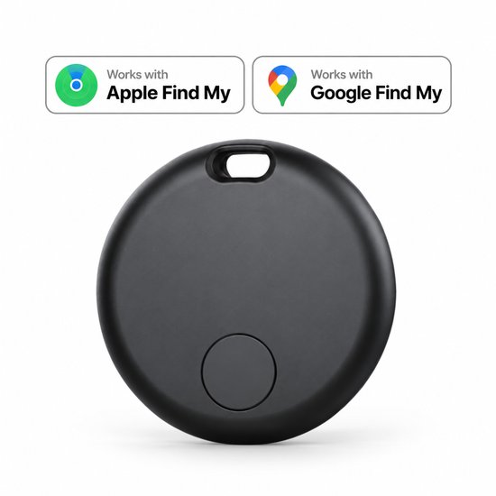 Zwarte, ronde tracker met een gat aan de bovenkant. Toont 'Works with Apple Find My' en 'Works with Google Find My'.