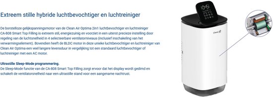 Witte Clean Air Optima luchtbevochtiger met digitaal display, bovenkant en detail van de stille BLDC-motor.