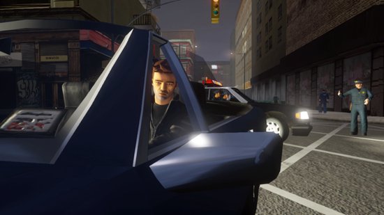 Man in zwart jack in een auto, politieagenten en auto's in de nachtelijke stad.