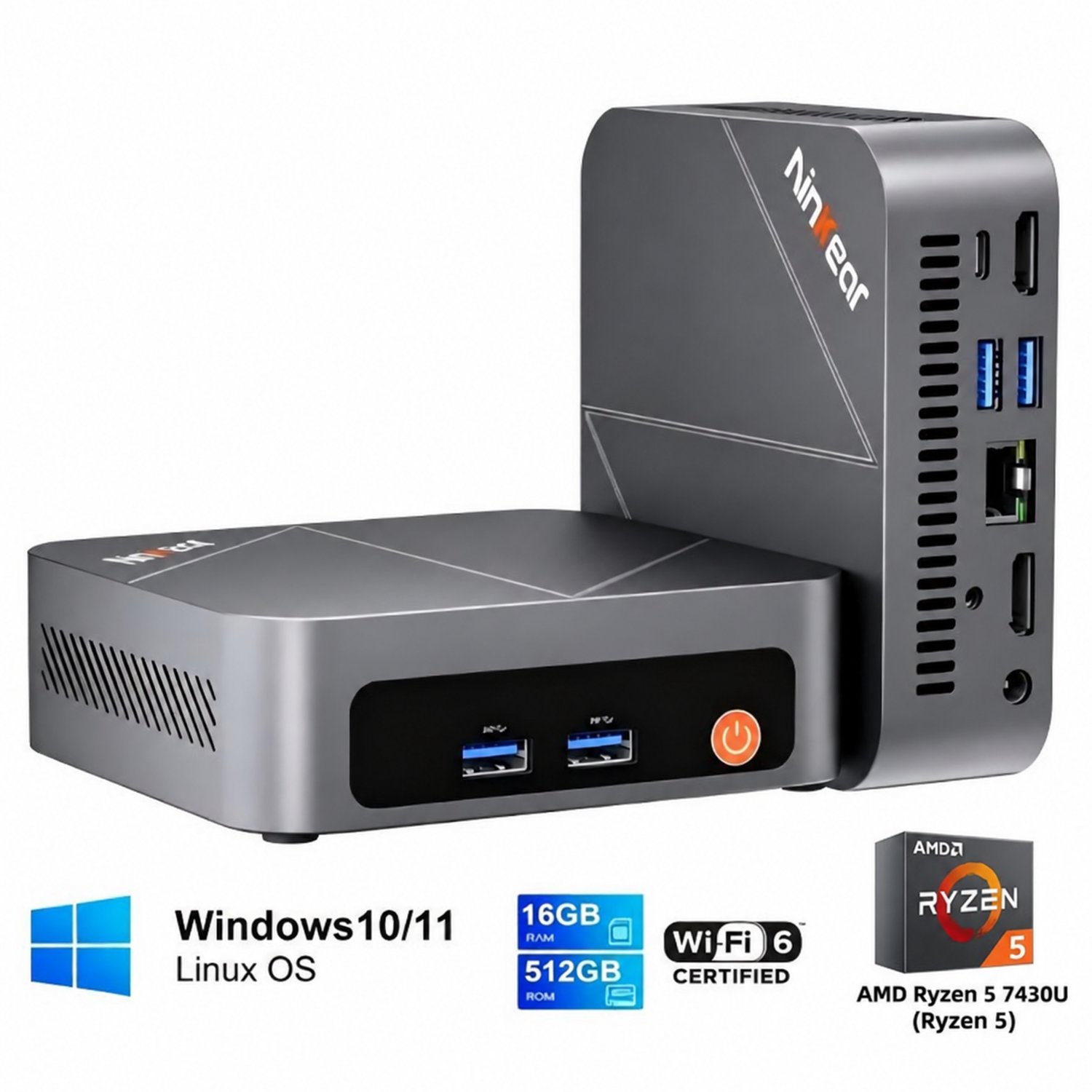 Ninkear M7 Mini PC – AMD Ryzen 5 7430U (Ryzen 5) – 16GB DDR4 – 512GB M.2 SSD – Windows 11 Pro – WiFi 6 – BT 5.2 – Dual HDMI 2.0 – Zilverkleurig, volledig metalen behuizing