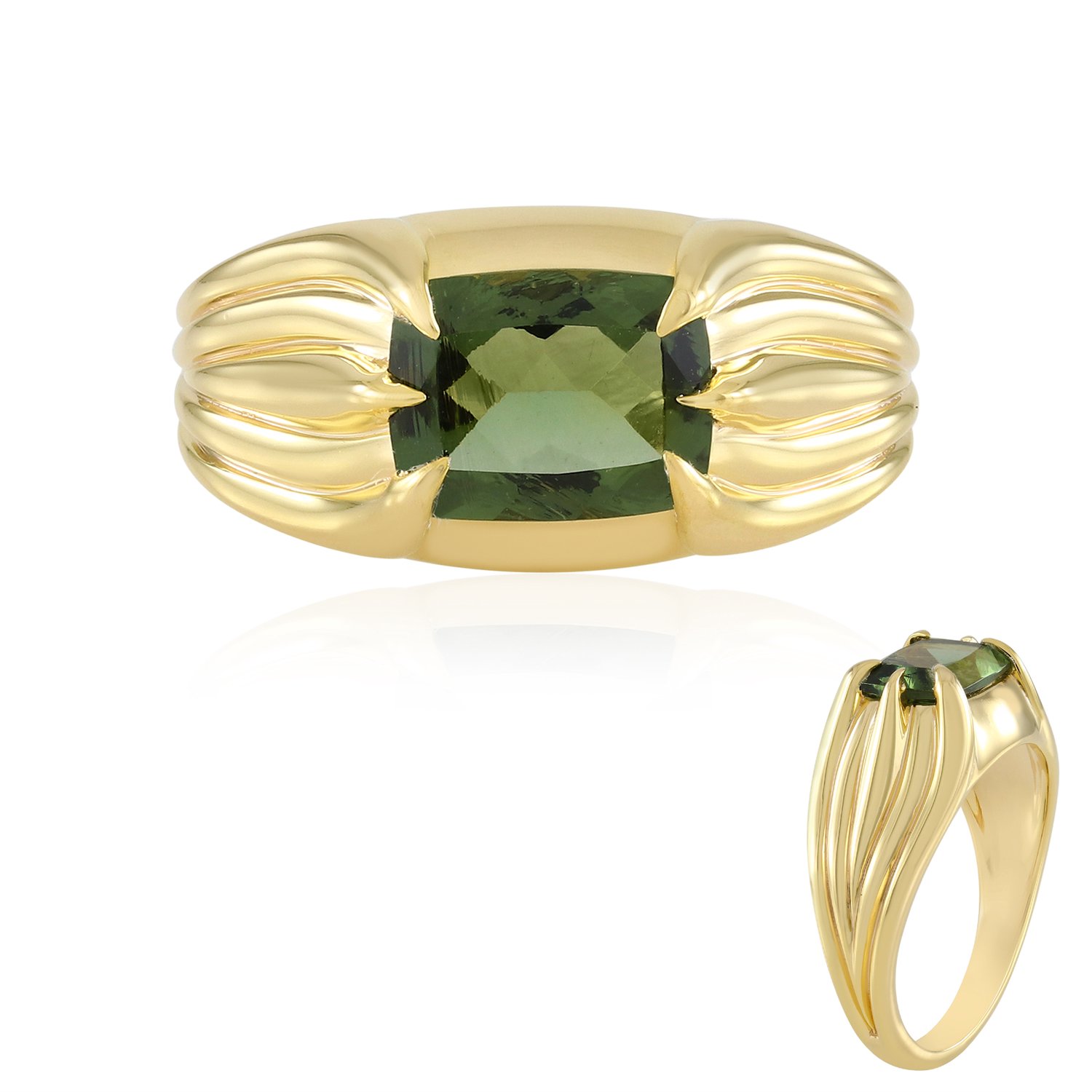 Cavill - Zilveren Ring met 1,492 ct Moldaviet - 925 Sterling Zilver Verguld - Antiek Geslepen Groene Edelsteen - Uniek Brede Designring Dames