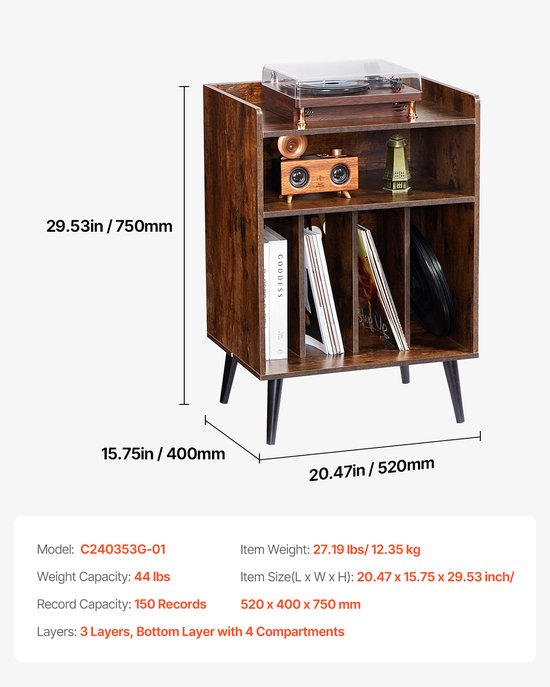 VEVOR Platenspelerstandaard Vinylopslag 3-Laags 150 Albums Hout — afbeelding 2