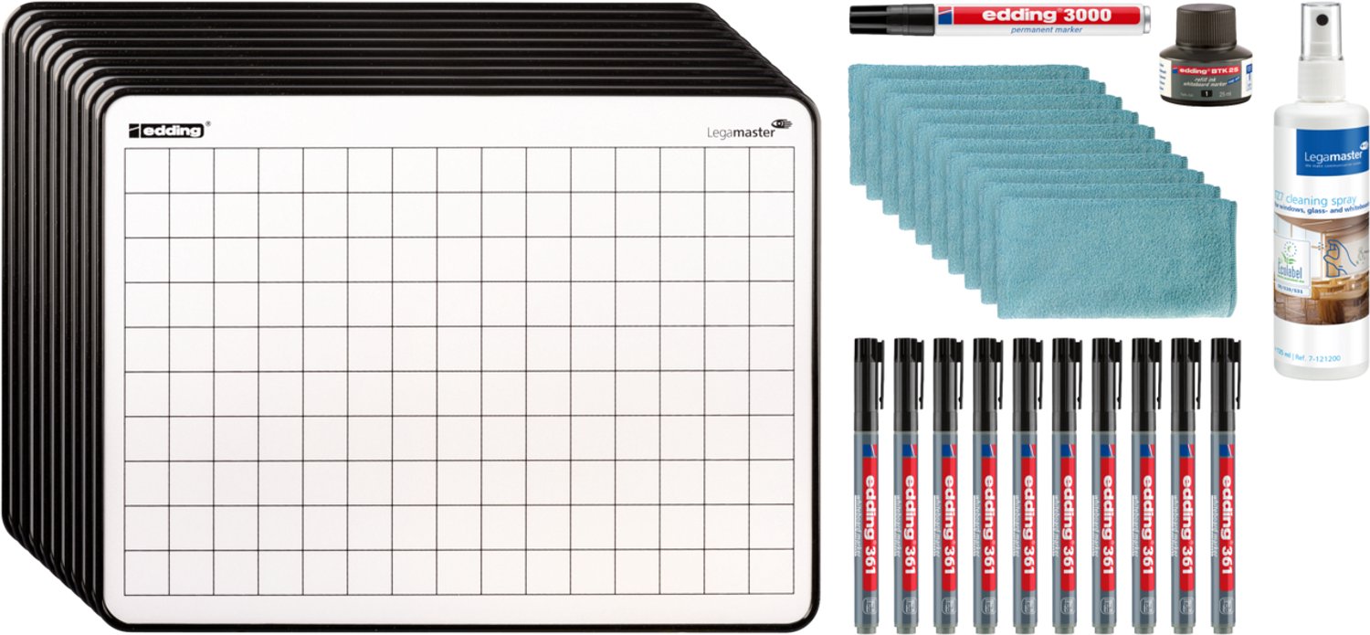 Legamaster Lapboard Starterset 33-delig - 10 Dubbelzijdige Melamine Wisbordjes met Markers, Reinigingsset en Doekjes