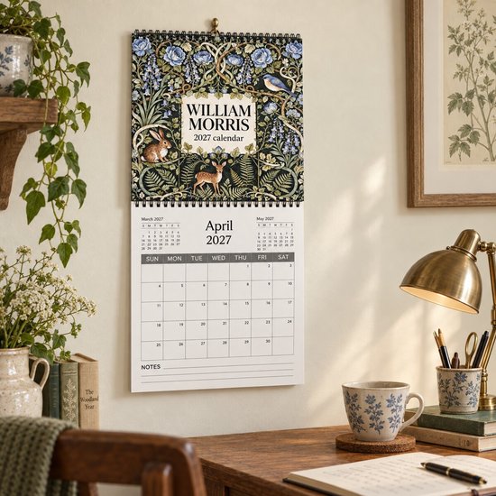 Calendrier William Morris 2027 avec fleurs bleues, fougères, lapin et cerf.