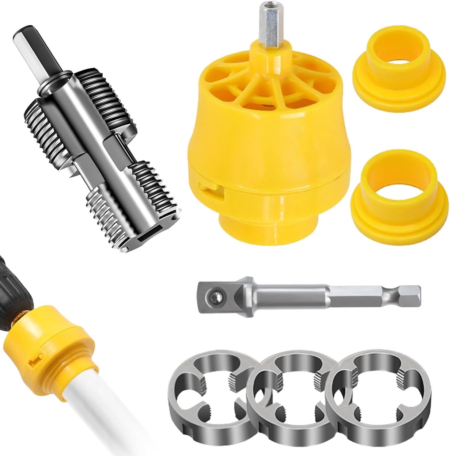 Complete set voor het snijden van binnen- en buitendraad, geschikt voor PVC, 1/2 inch, 3/4 inch en 1 inch, ideaal voor boormachines en klusprojecten.