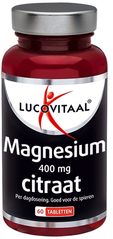 Flesje Lucovitaal Magnesium citraat 400 mg, 60 tabletten. Zwart etiket met rode accenten.