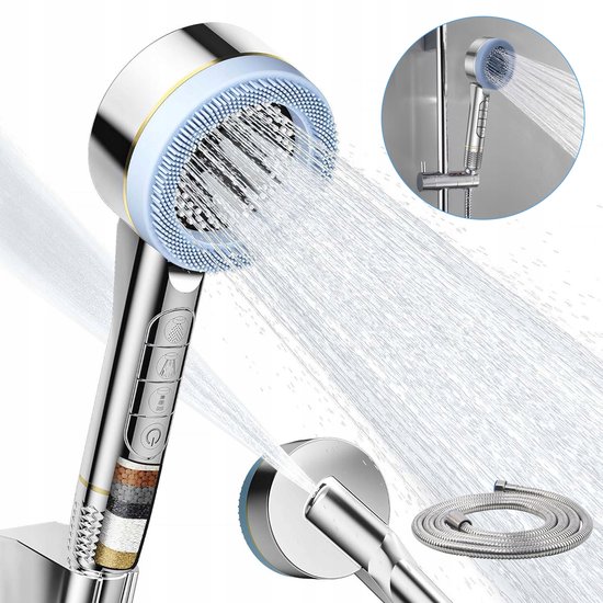 Zilveren handdouche met filters en blauwe borstelrand, inclusief slang en muurbevestiging.