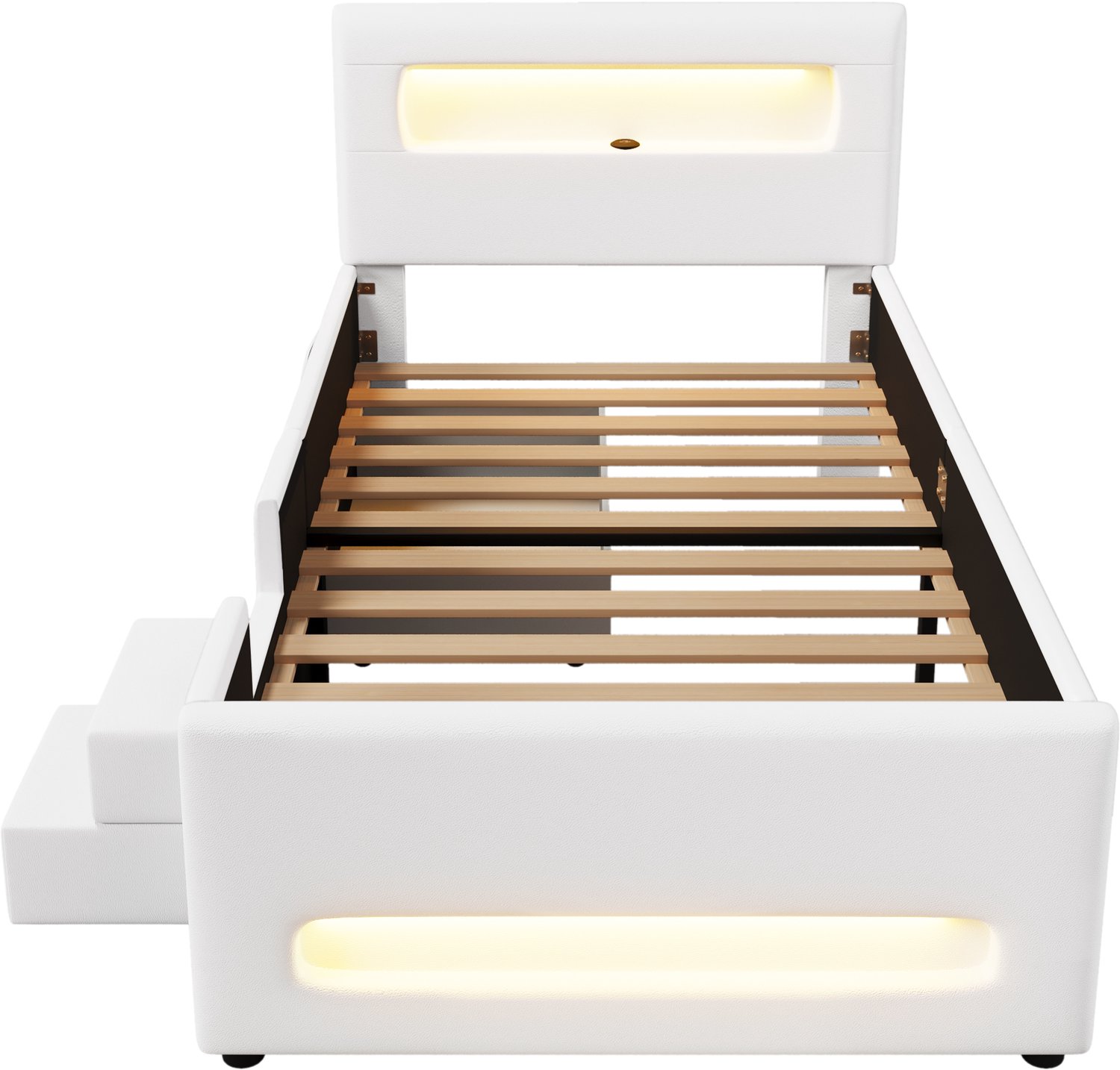 MUVANO Gestoffeerd platformbed 90 x 200 cm - wit met opberglade op wielen - LED-hoofd- en voetbord - USB en opbergvakken - voor de kinderkamer