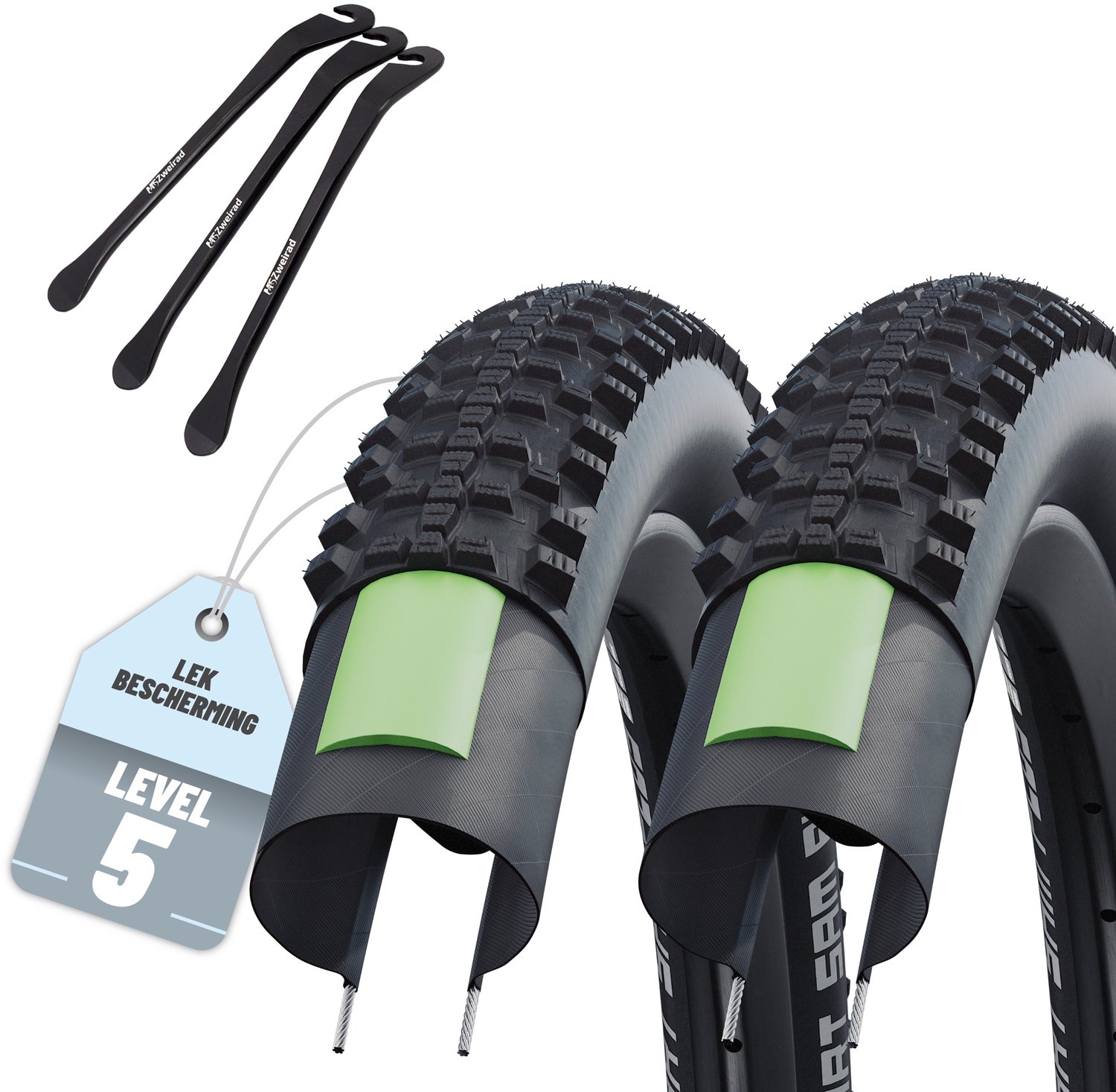 MSZweirad 2x Schwalbe Smart Sam Plus 26 x 2,25 (57-559) - GreenGuard - zonder binnenbanden - 3 bandenlichters