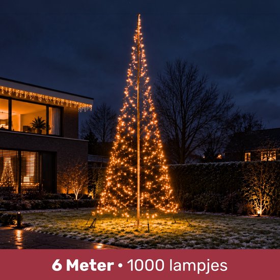Blynx LED Kerstboom Buiten - 6 Meter - 1.000 Warm Witte LED Lampjes - Vlaggenmast Kerstboom - Exclusief Mast - Inclusief Adapter - Met Timer - IP44
