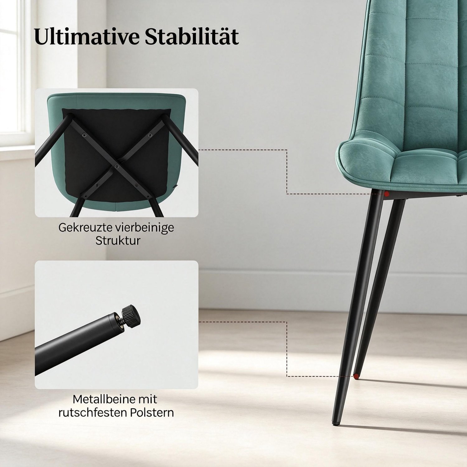 STILVORA Eetkamerstoel 46 x 39 x 85,5 cm - Set Van 2 Met Zachte Velvet Bekleding En Metalen Poten - Voor Eetkamer En Kantoor - Blauwgroen Turquoiseblauw