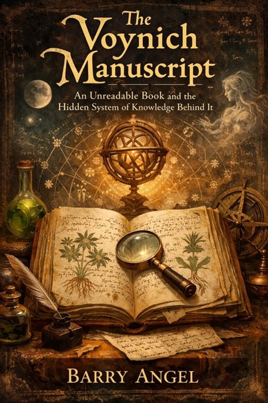 De Voynich Manuscript: Een Onleesbaar Boek en het Verborgen Systeem van Kennis Eronder. Open boek met vergrootglas, veren pen, flesjes, armillarium, kompas en maan.