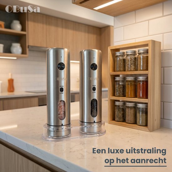 OBUSA - Hoogwaardige Elektrische Peper- en Zoutmolen Set - Keramisch Maalwerk - Instelbare Maalgraad en Snelheid - USB C Oplaadbaar - Antivingerafdruk RVS - Gemakkelijk bij te Vullen - Inhoud 110 ml — cadeau in Kookcadeaus - foto 6