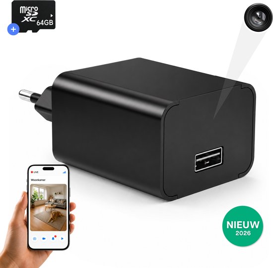 Chargeur USB noir avec objectif de caméra caché, incluant une carte Micro SD de 64 Go et affichage sur smartphone.