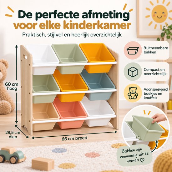 Speelgoed Opbergkast met 9 Uitneembare Bakken – Kinderkamer Opbergmeubel – Speelgoedkast & Organizer – 66 x 29,5 x 60 cm — afbeelding 2