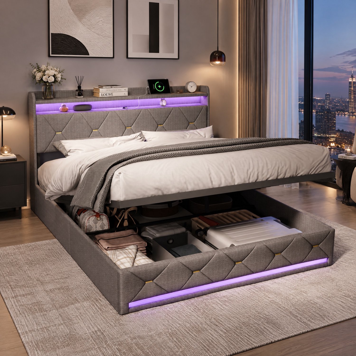 MEXUS Opbergbed 140x200 cm met ledverlichting en USB-aansluiting, Tweepersoonsbed met opbergruimte, Gestoffeerd hoofdeinde en hydraulisch opbergvak, bedframe 140x200 met lattenbodem, Linnen Grijs