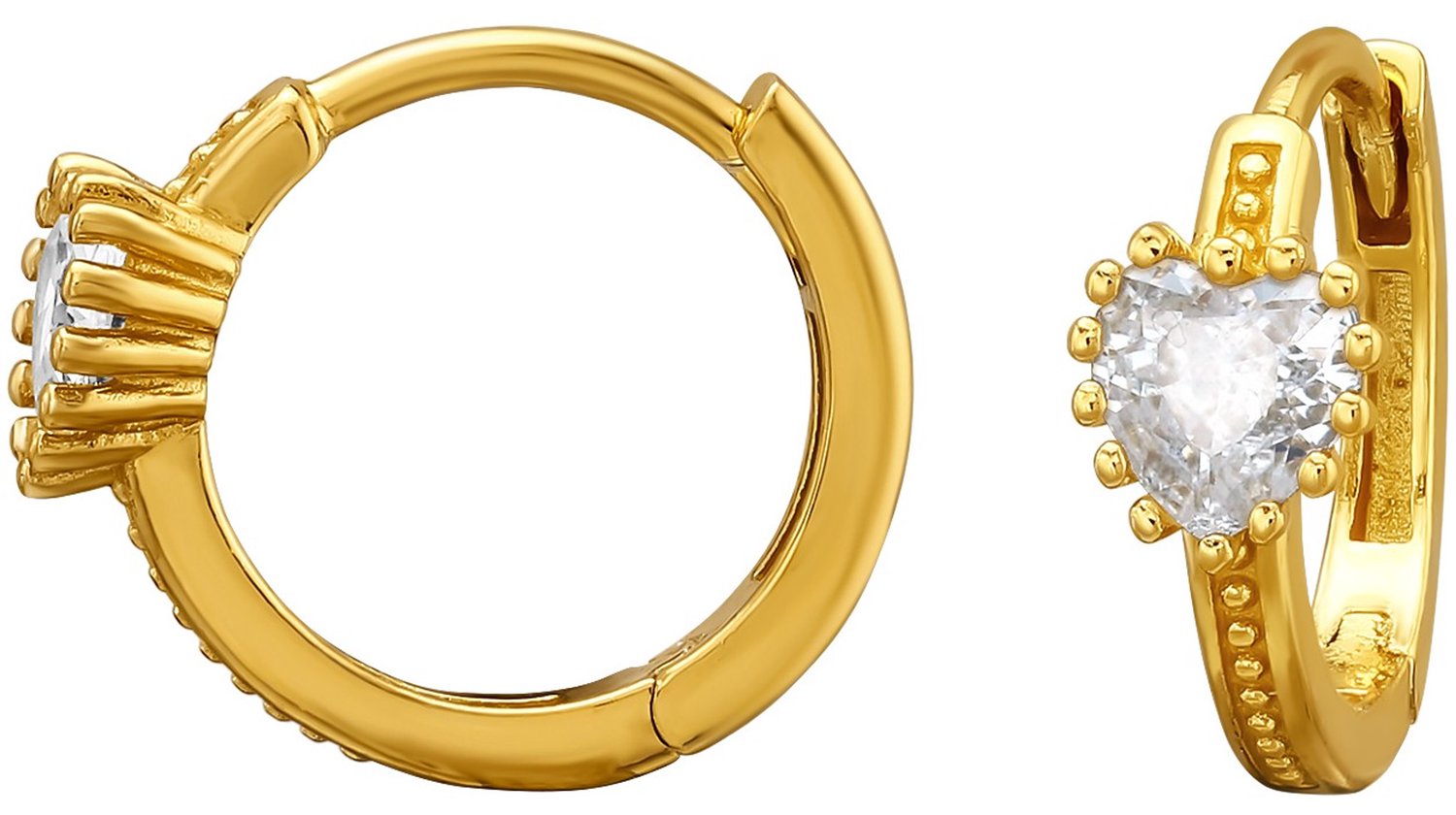 Joy|S - Zilveren hartje oorbellen - hartjes oorringen - klapscharnier sluiting - 12 mm - dots / bolletjes randje - zirkonia - gold plated - sterling zilver 925 - dames oorringen