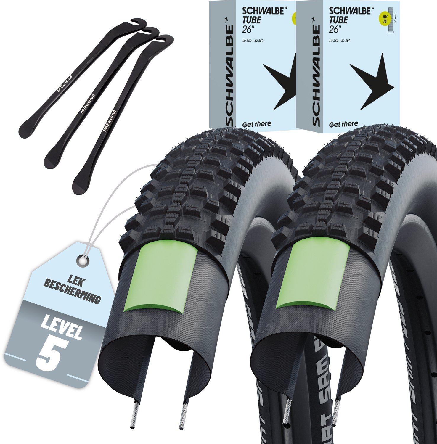 MSZweirad 2x Schwalbe Smart Sam Plus 26 x 2,10 (54-559) - GreenGuard - AV/Schrader-binnenbanden - 3 bandenlichters