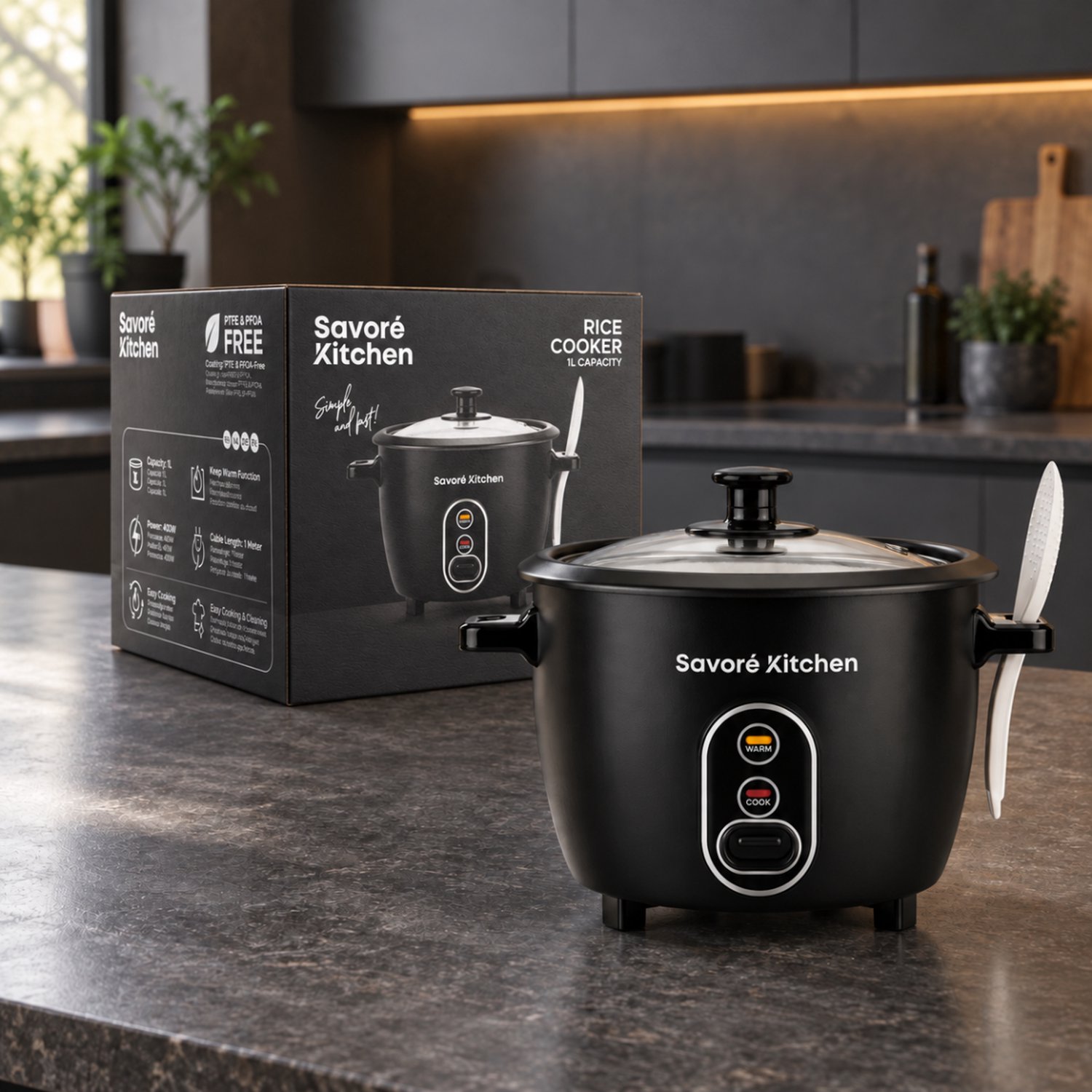 Savoré Kitchen Rijstkoker 1 Liter PFAS-vrij - Rice Cooker Klein voor 5 Porties - Warmhoudfunctie - Zwart thumbnail 6