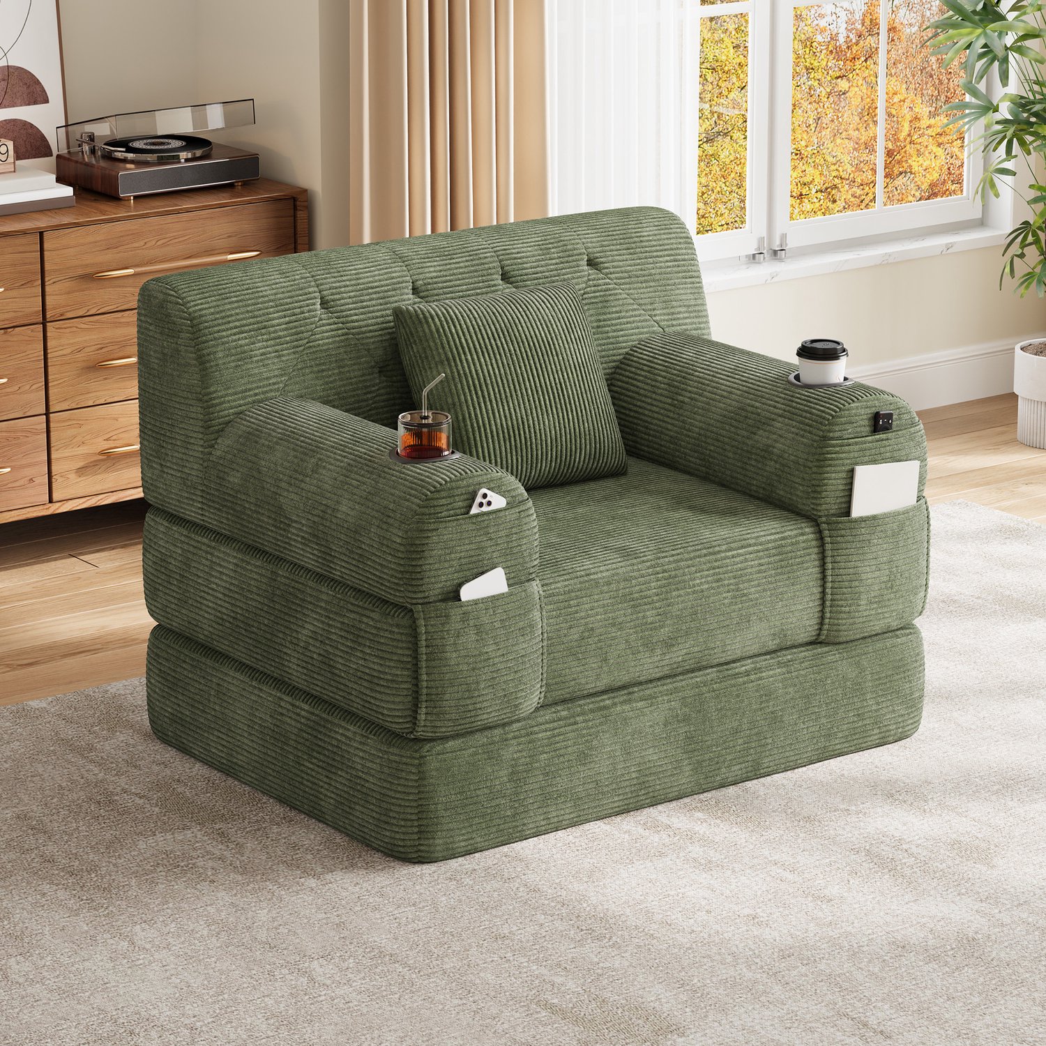 MIVRAY Slaapbank 107 x 80 x 81 cm - Eenpersoons met Hoge Rugleuning en Bekerhouders - Voor Woonkamer en Logeerkamer - Ribfluweel - Groen