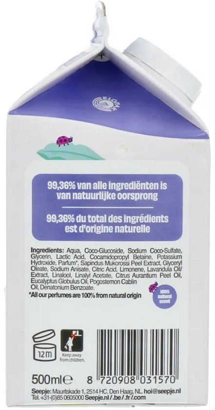 Achterkant van Seepje verpakking met ingrediëntenlijst, streepjescode en informatie over natuurlijke oorsprong.