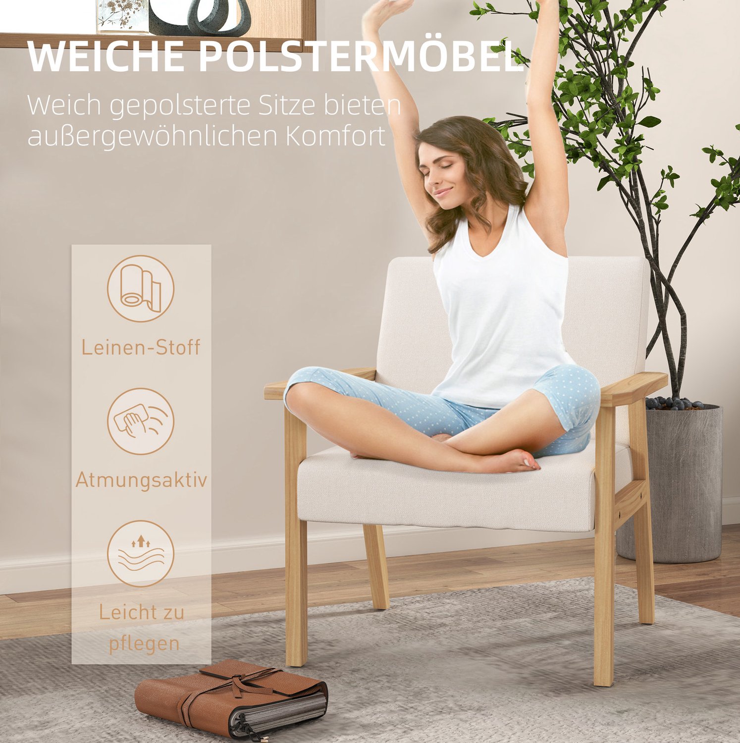 DESMIU Fauteuil 64 x 70 x 72 cm - Met Armleuningen en Twee Kussens - Voor Woonkamer en Slaapkamer - Hout en Linnen - Crèmewit