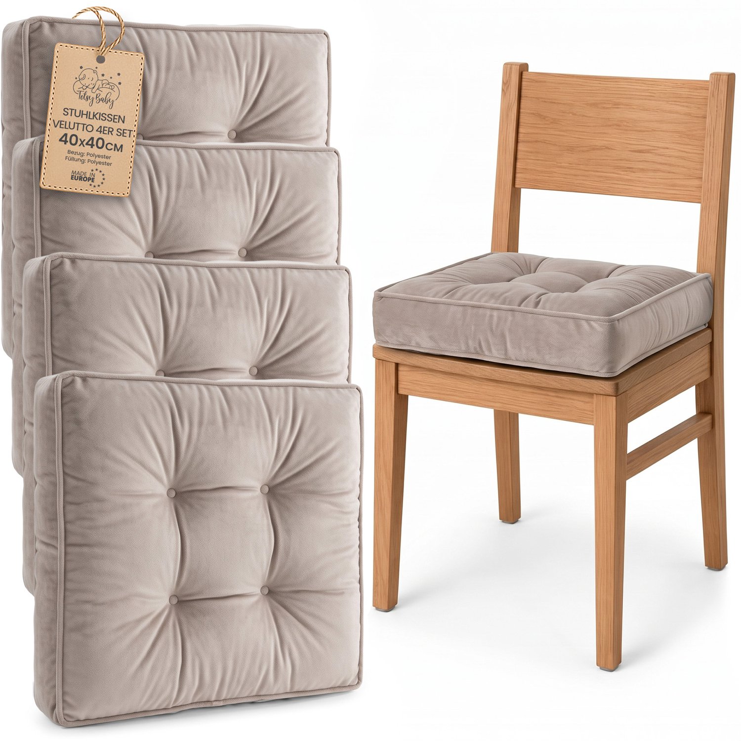 Amazinggirl Zitkussen voor Eetkamerstoel en Keukenstoel Vierkant Zacht Beige Fluweel (4 stuks)