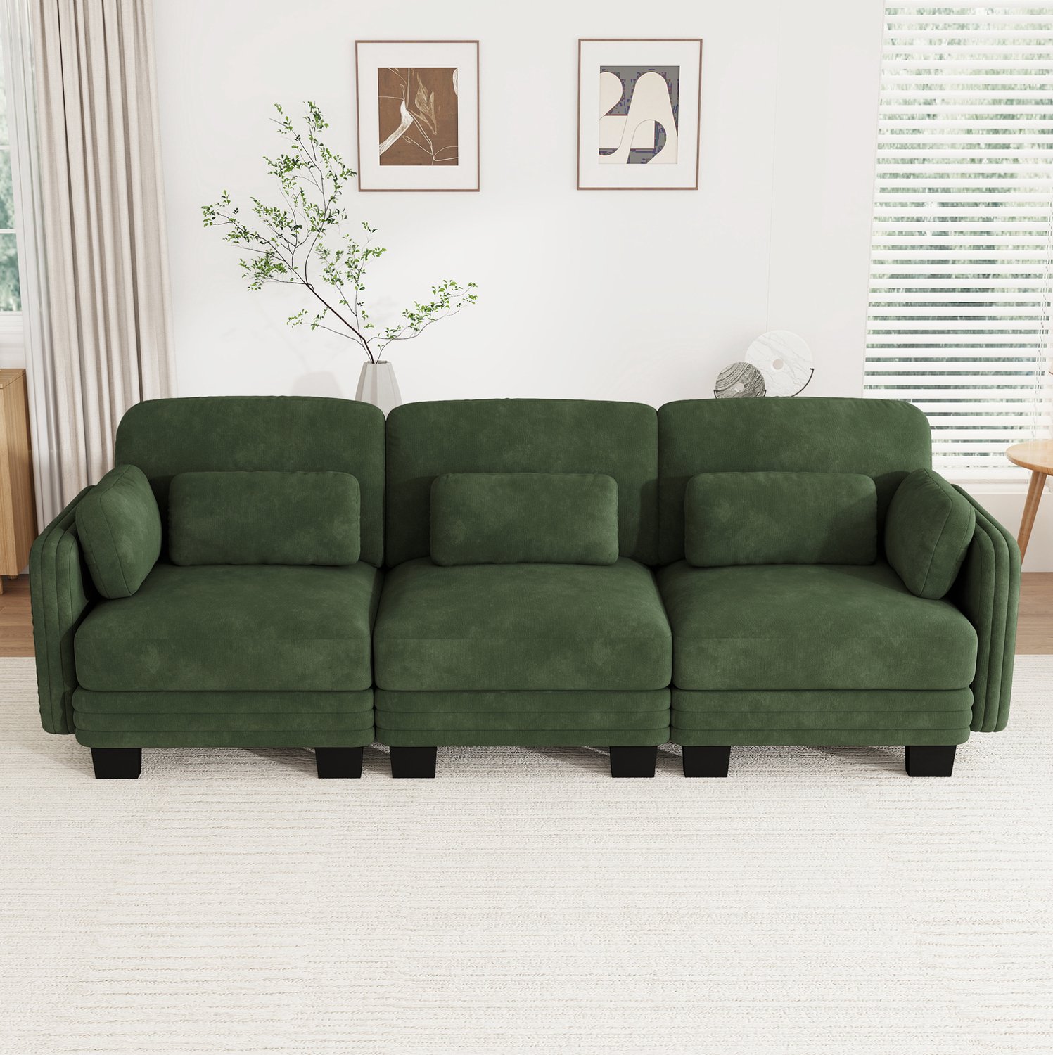FloraGrace Zitbank 253 x 88 x 88 cm - 3 Zitplaatsen en Modulair Ontwerp - Verplaatsbare Kussens - Woonkamer - Chenille - Groen