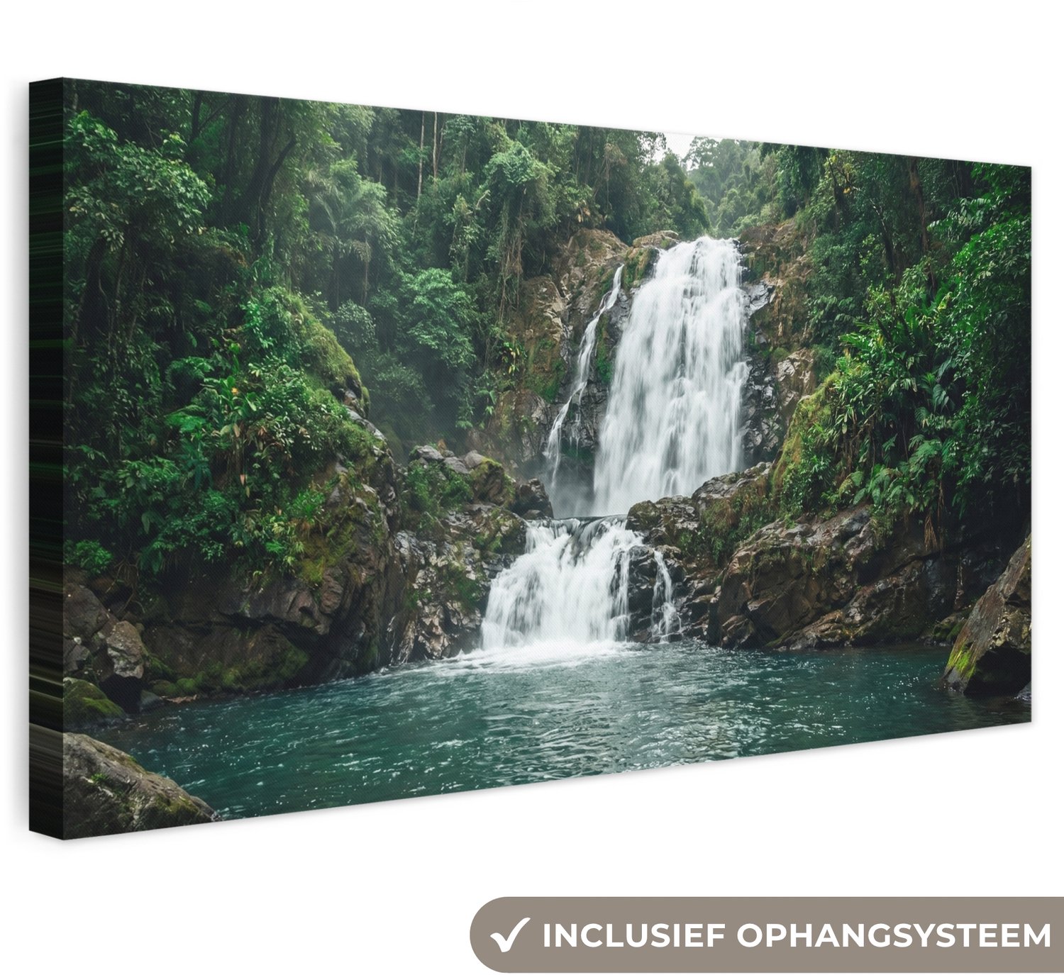 Canvas schilderij 40x20 cm - Exclusieve wanddecoratie Waterval - Bos - Natuur - Groen - Muurdecoratie woonkamer - Slaapkamer decoratie - Kamer accessoires - Schilderijen op canvas
