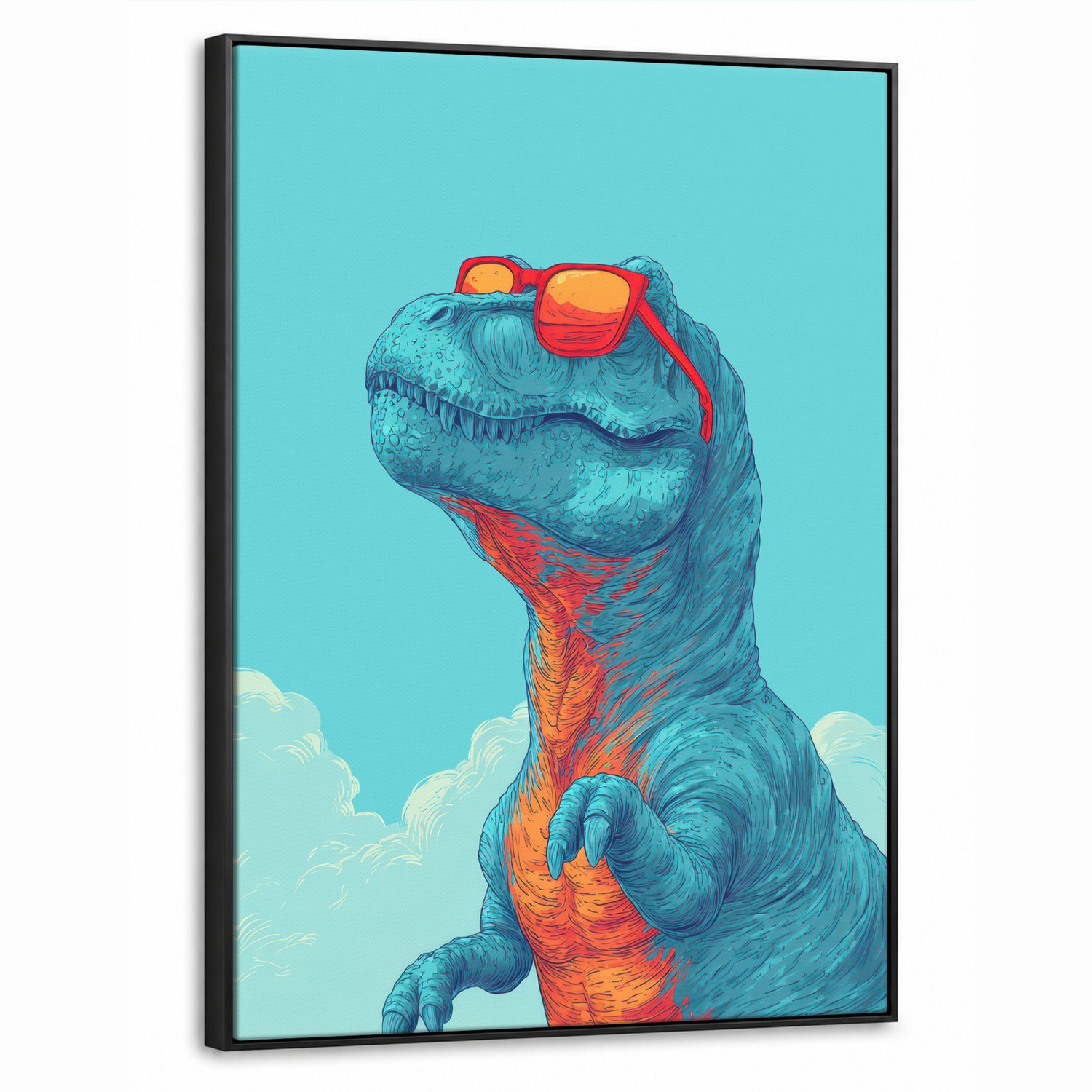 Canvas Schilderij met Baklijst 70x100cm - T-Rex - Blauw - Wolken - Zonnebril - Muurdecoratie woonkamer - Slaapkamer decoratie - Kamer accessoires - Schilderijen op canvas met lijst