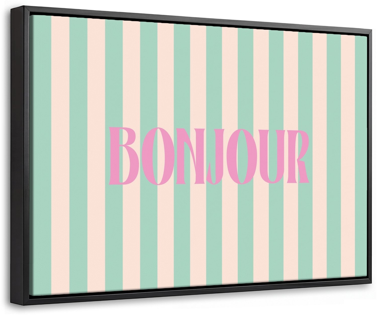 Canvas Schilderij met Baklijst 60x40cm - Roze - Groen - Strepen - Bonjour - Muurdecoratie woonkamer - Slaapkamer decoratie - Kamer accessoires - Schilderijen op canvas met lijst