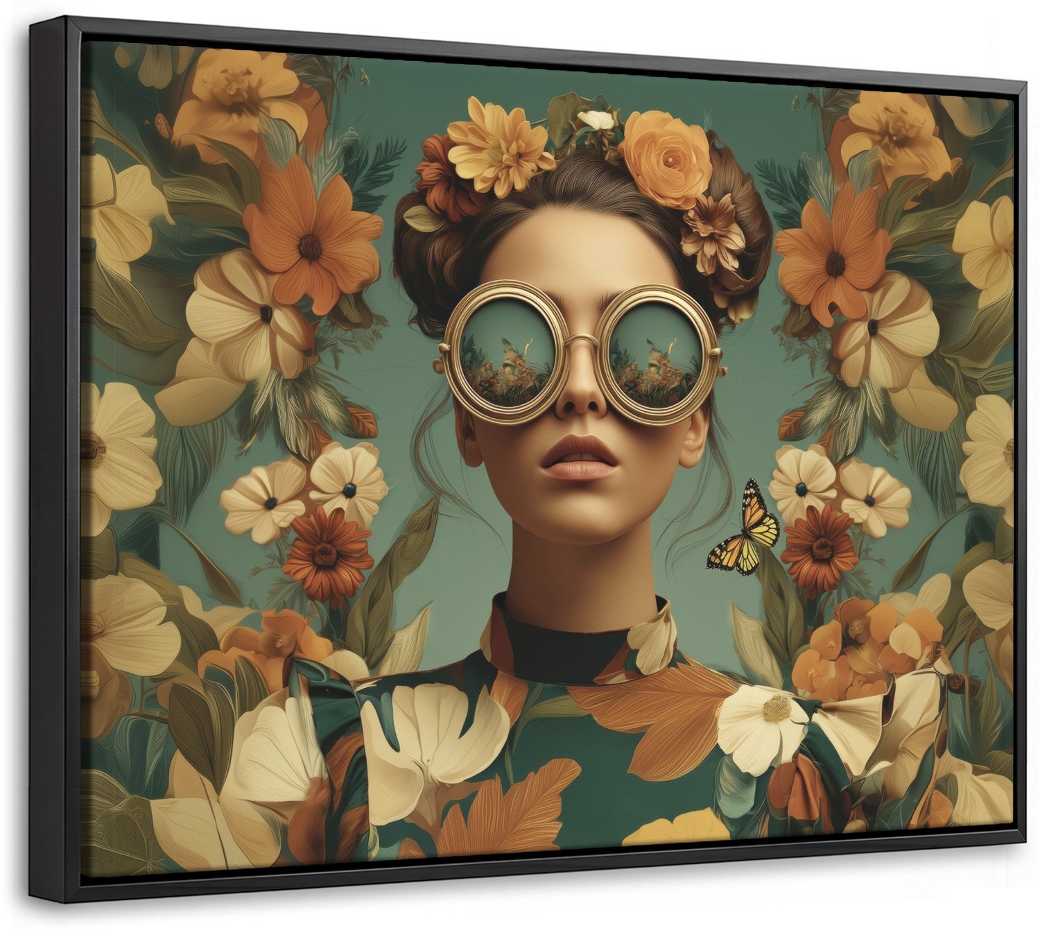 Canvas Schilderij met Baklijst 40x30cm - Bloemenkrans - Vrouwengezicht - Zonnebril - Oranje - Muurdecoratie woonkamer - Slaapkamer decoratie - Kamer accessoires - Schilderijen op canvas met lijst