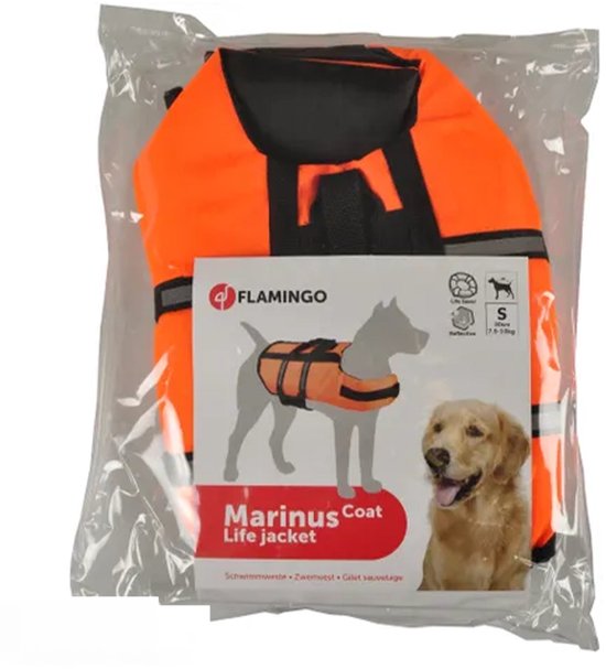 Flamingo Marinus oranje hondenzwemvest in verpakking, maat S, met reflecterende strepen en handvat.