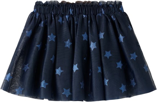 Donkerblauwe tule rok met een patroon van glinsterende blauwe sterren en een elastische tailleband.