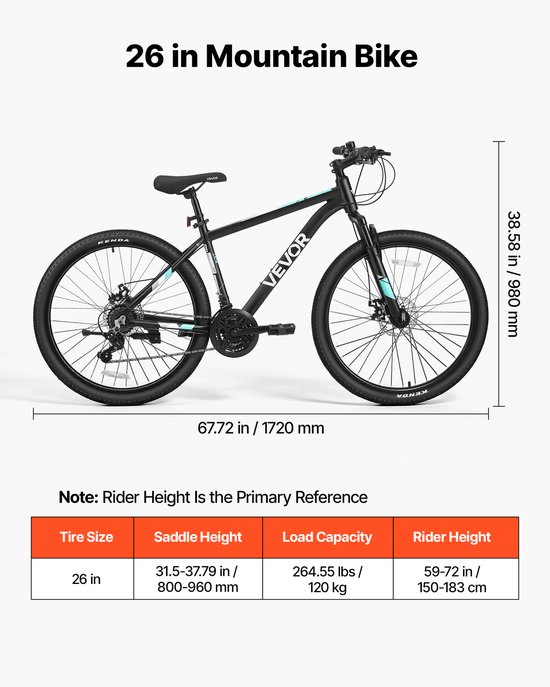 VEVOR Mountainbike voor Dames en Heren, 26 inch, 21 Versnellingen, Zwart, Outdoor, Ideaal voor Volwassenen, Frame van Aluminiumlegering, met Verende Voorvork, Draagvermogen van 120 Kg, Bel, Reflectoren en Lichtbevestiging — afbeelding 3