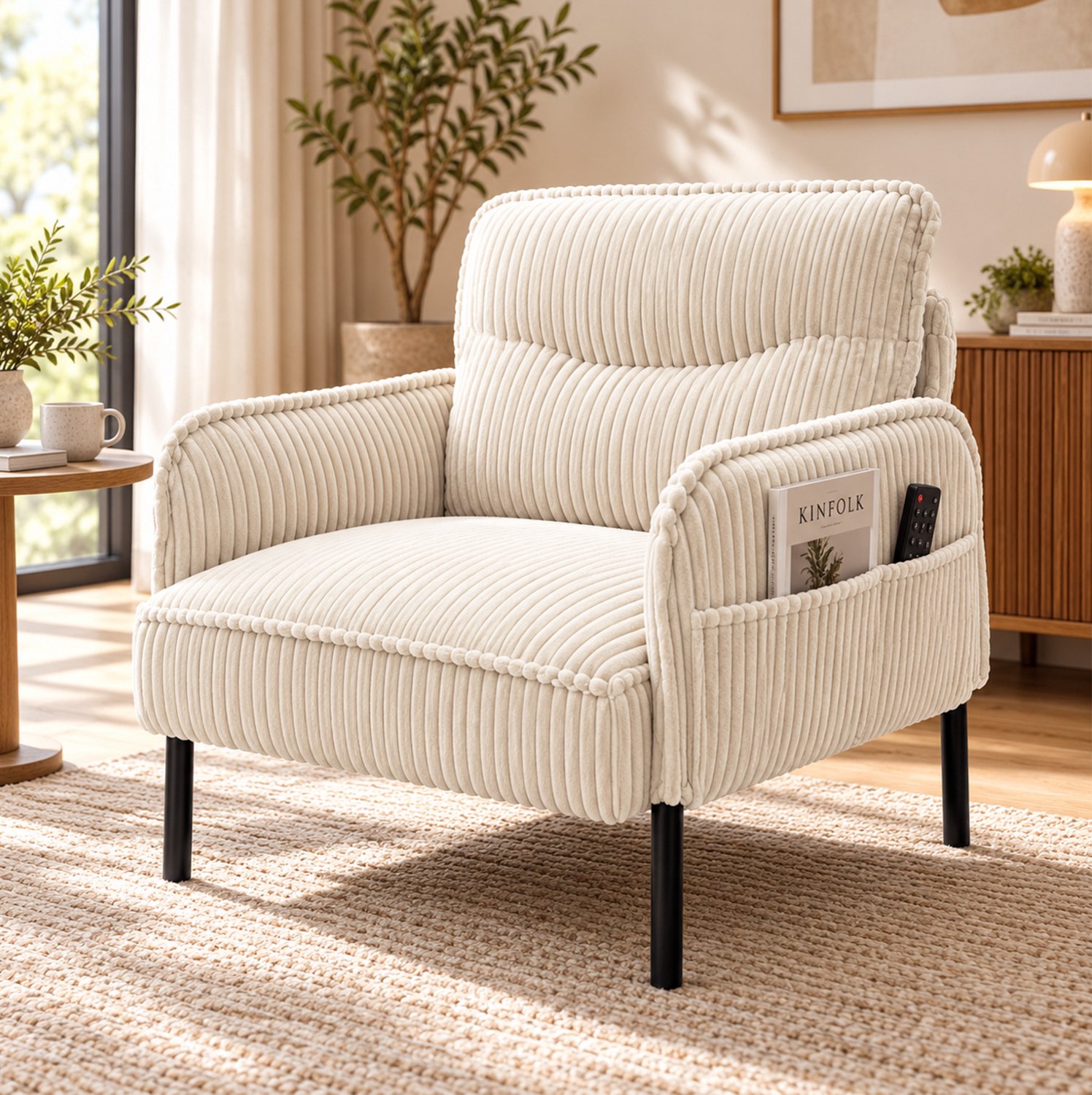 DESMIU Fauteuil 69 x 73 x 83 cm - Ribstof met Zijvakken en Hoge Rugleuning - Voor Woonkamer en Slaapkamer - Stof en Metaal - Beige