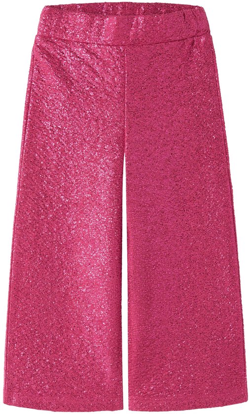 Roze broek met wijde pijpen, uitgevoerd in een glinsterende, textuurrijke stof.
