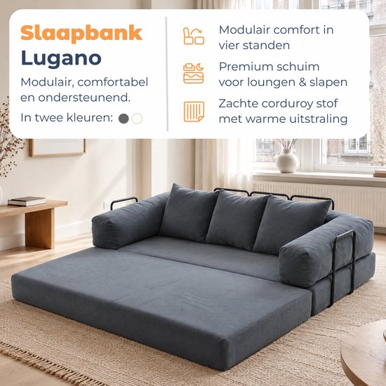 Blauwe modulaire slaapbank Lugano met zwarte stalen frames en zachte kussens.