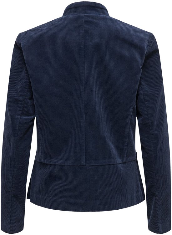 Achterkant van een marineblauwe ribfluwelen blazer met opstaande kraag en getailleerde naad.