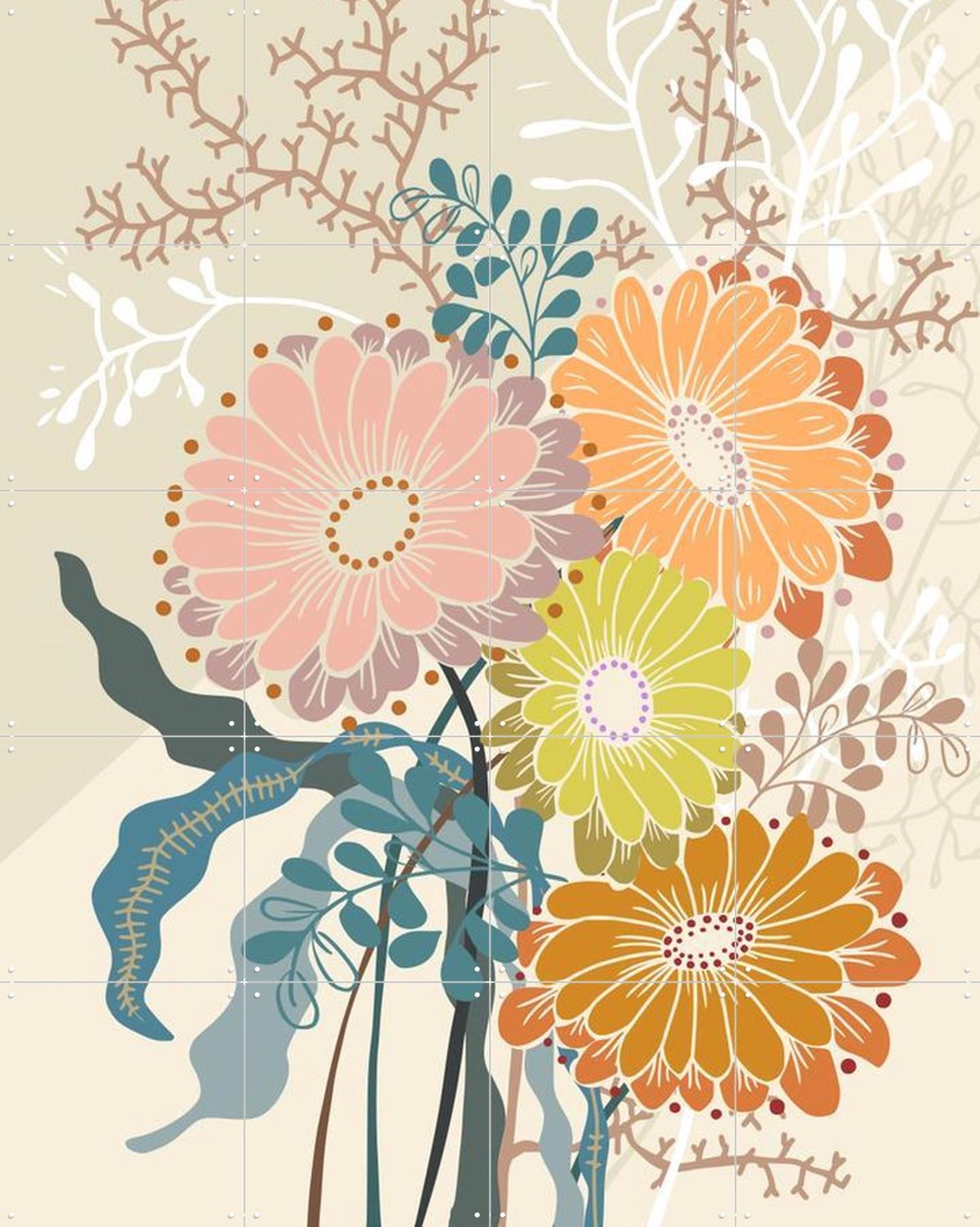 IXXI Springtime Daisies Earthy Tones, Annick & Various - 80 x 100 cm - Grote wanddecoratie en posters - Illustraties, Slaapkamer, Woonkamer, Eetkamer Oranje
