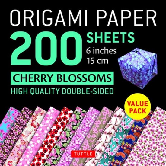 200 vellen origami-papier met kersenbloesemmotieven, 15 cm, dubbelzijdig, inclusief een gevouwen papieren kubus.