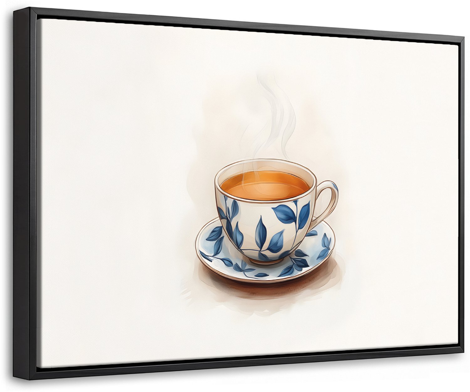 Canvas Schilderij met Baklijst 30x20cm - Theekop - Bladeren - Blauw - Muurdecoratie woonkamer - Slaapkamer decoratie - Kamer accessoires - Schilderijen op canvas met lijst