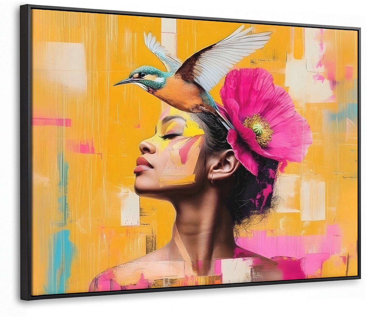 Canvas Schilderij met Baklijst 100x70cm - Vogel - Vrouw - Abstract - Bloem - Muurdecoratie woonkamer - Slaapkamer decoratie - Kamer accessoires - Schilderijen op canvas met lijst